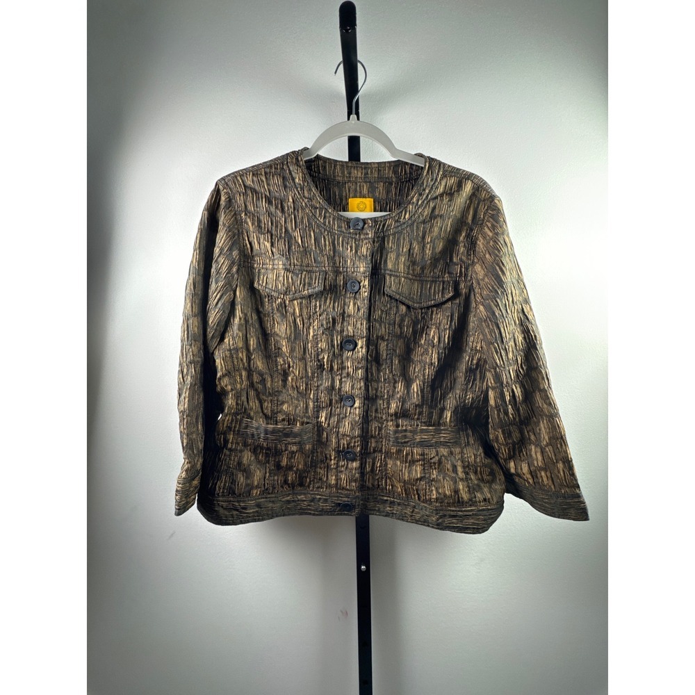Ruby Rd Jacket Womens‎ 14 Bronze Metallic Crinkle Button Blazer Animal Print